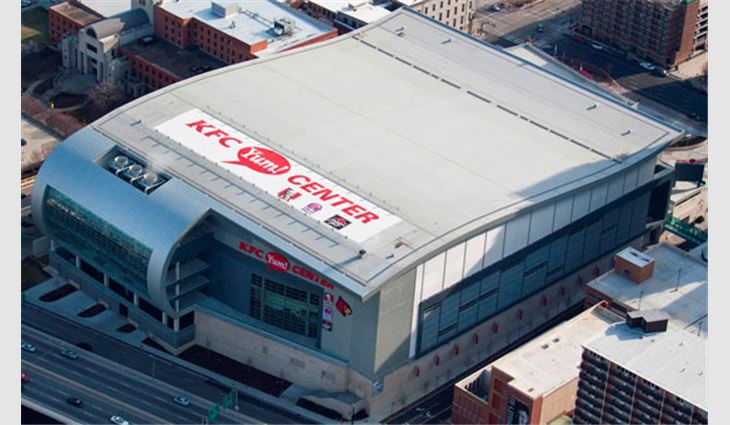 An aerial view of the KFC Yum! Center