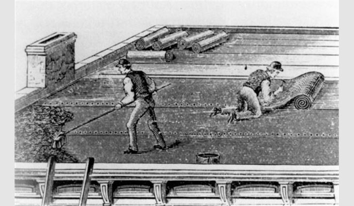 A turn-of-the-century engraving illustrates the composition roofing process. 