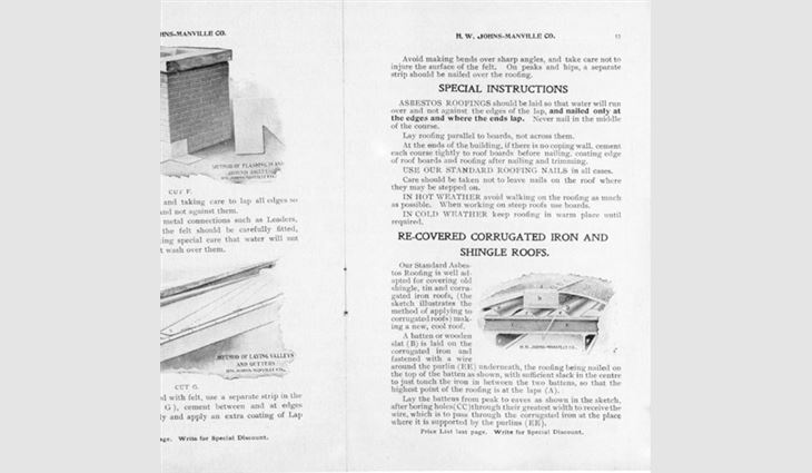 H.W. Johns-Manville Co.'s roofing manual, copyright 1903, describes roof components and proper application procedures.