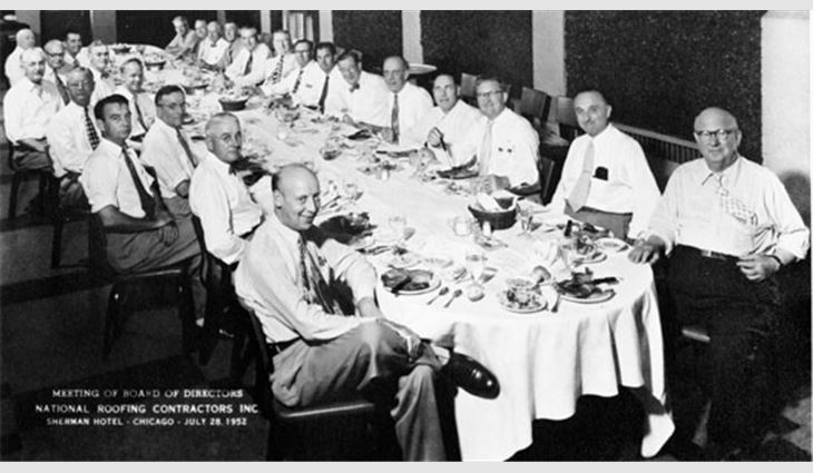 NRCA's board of directors meets at the Sherman Hotel in Chicago in 1952. Board members were paying $6 a night for a single room; $18 or more for suites.