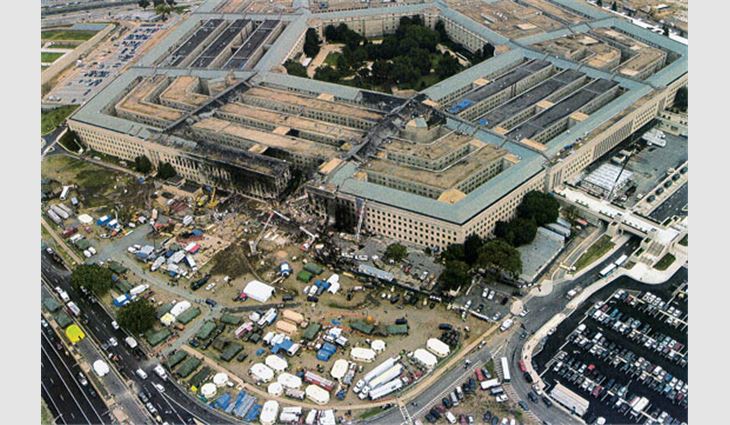 The Pentagon following 9/11. NRCA and its members reroofed the damaged portion. 