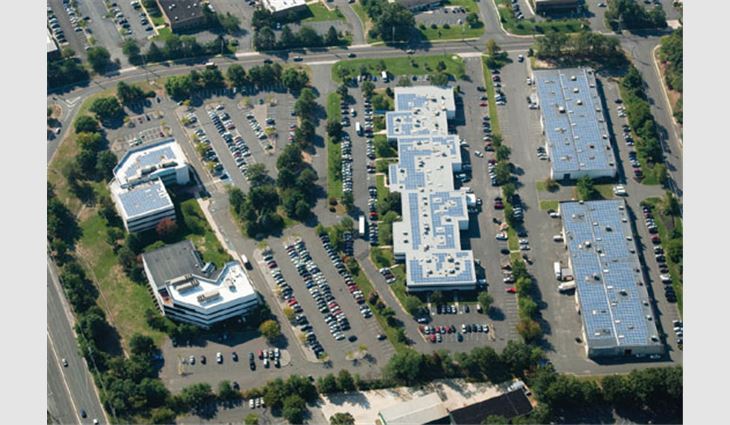Trina Solar Inc.'s, San Jose, Calif., Trinamount system was installed on the Meridian Center Solar Plant, Eatontown, N.J. More than 3,100 panels on 25 minisystems were installed on four buildings. 
