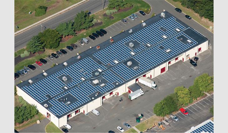 One of four buildings at the Meridian Center Solar Plant in Eatontown, N.J. The 728-kilowatt system is expected to produce 830,000 kilowatt-hours every year.