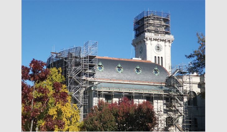 Mahan Hall and the clock tower under construction 
