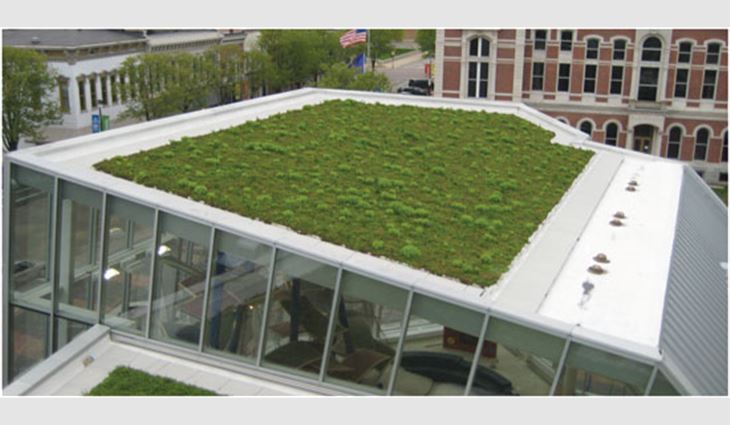 The vegetative areas are interspersed across various roof levels and areas visible from the nearby courthouse and office buildings