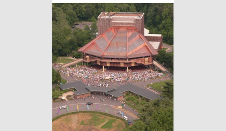 An aerial view of the completed copper roof system