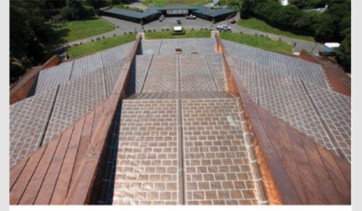59,000 pounds of copper and 4,500 pounds of 50/50 solder were used to complete the new roof system.