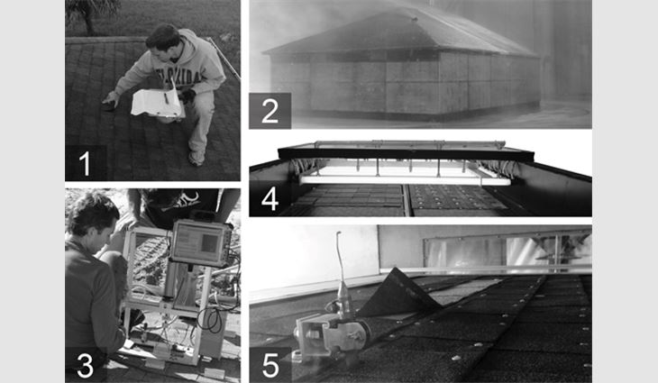 Photo 1: Research studies conducted: 1) unsealed shingle surveys; 2) full-scale wind tunnel tests; 3) in situ mechanical uplift tests on naturally aged shingle roofs; 4) shingles artificially aged then tested for uplift capacity; 5) measurements of wind-induced forces on the sealant strips of fully sealed and partially unsealed shingles