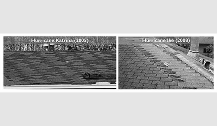Photo 3: Blown-off three-tab asphalt shingles were observed in Hurricane Katrina in 2005 and Hurricane Ike in 2008.