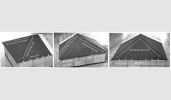 Photo 5: Characteristic hip shingle blow-off patterns from left to right: 0-degree
                wind direction, 45-degree wind direction and 90-degree wind direction