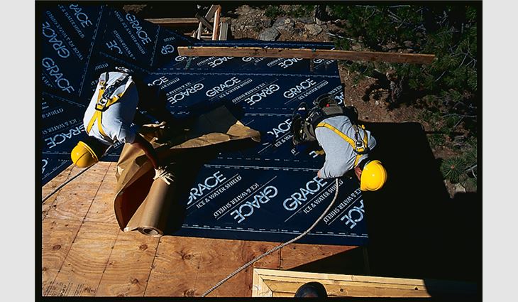 Step three of the conventional underlayment installation method: Minimum overlap guidelines are set by the manufacturer. Grace Residential Building Materials, Cambridge, Mass., requires side laps to be a minimum of 3 1/2 inches and end laps a minimum of 6 inches. 