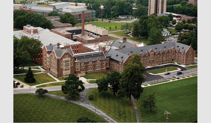 An aerial view of Towson University's renovated roof systems