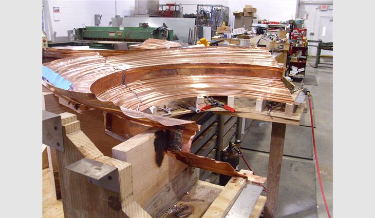One of many architectural copper elements fabricated in James R. Walls' off-site fabrication shop.