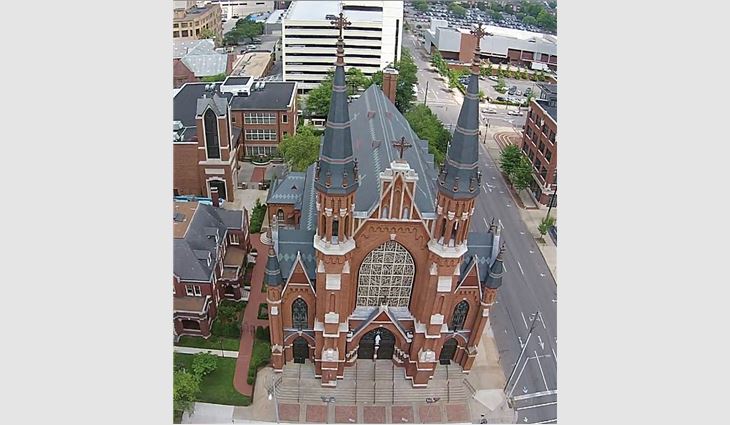 An aerial view of The Cathedral of St. Paul's newly restored slate roof system