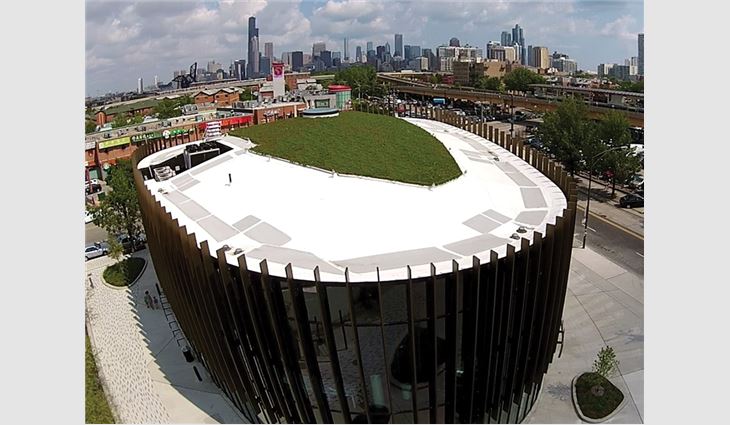 An aerial view of the library's completed roof systems.