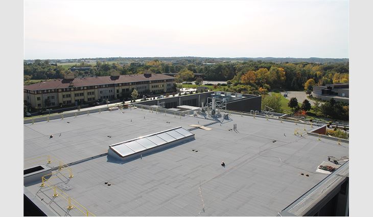 An aerial view of the completed polymer-modified bitumen roof system