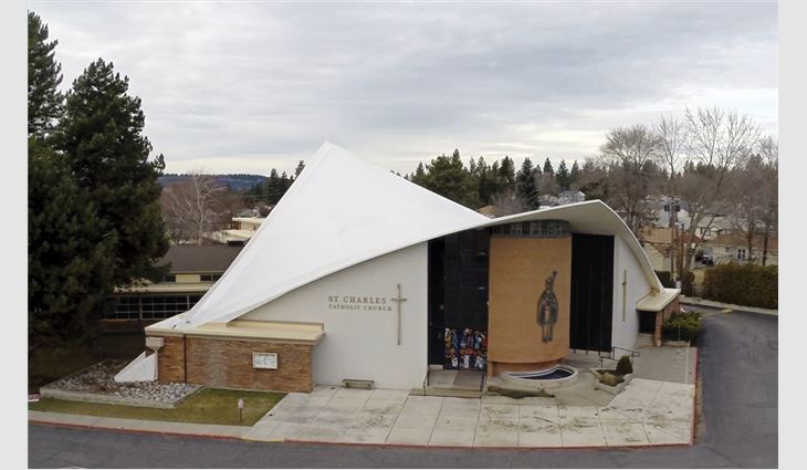 St. Charles Parish & School's roof in Spokane, Wash., features an irregular shape with reinforced, 60-mil-thick TPO membrane to preserve an important era in the evolution of modern architecture.