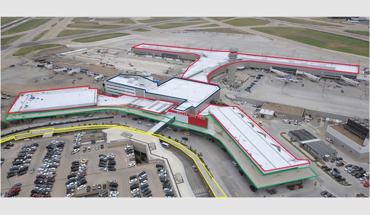Red-outlined areas: Polymer-modified bitumen roof systems were installed on the airport's new ticketing wing, baggage claim area, main concourse, and east and west concourses.<br />
Blue-outlined area: A new polymer-modified bitumen roof system was installed on the existing main terminal.<br />
Green-outlined area: A PVC roof system was installed on a new entrance canopy.<br />
Yellow-outlined area: A TPO roof system was installed on a new roadway canopy.
