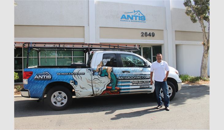 Alarcon outside Antis Roofing & Waterproofing's office