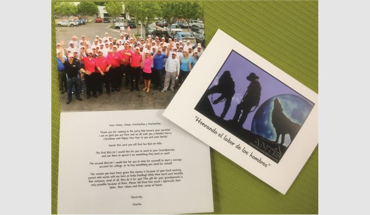 This card was given to children of Antis Roofing & Waterproofing employees to honor their parents.
