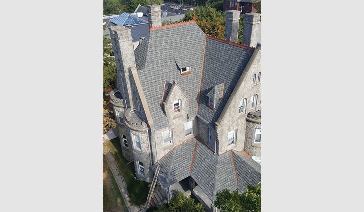 An aerial view of The Castle's new roof systems.