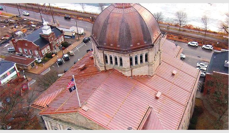 An aerial view of Bradford County Courthouse's new roof systems.