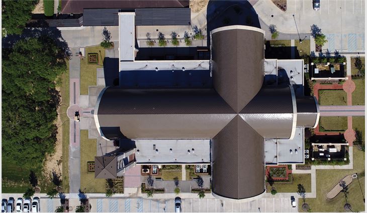 An aerial view of St. George Catholic Church's new roof systems.