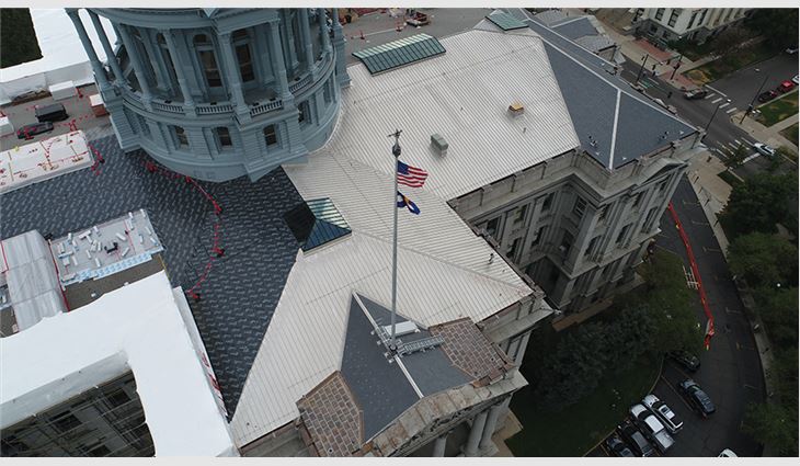 Aerial views of the roof systems under construction.
