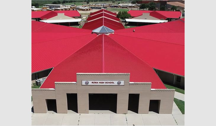 An aerial view of Roma High School's new metal roof system