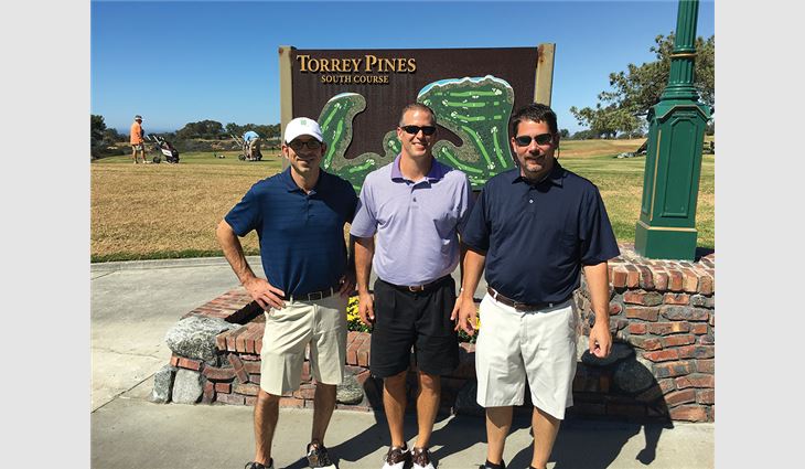 Sabino (right) golfing with NRCA Directors Scott Kawulok (left), vice president of B & M Roofing of Colorado Inc., Frederick, and Chad Collins, owner and president of Bone Dry Roofing Co., Bogart, Ga.