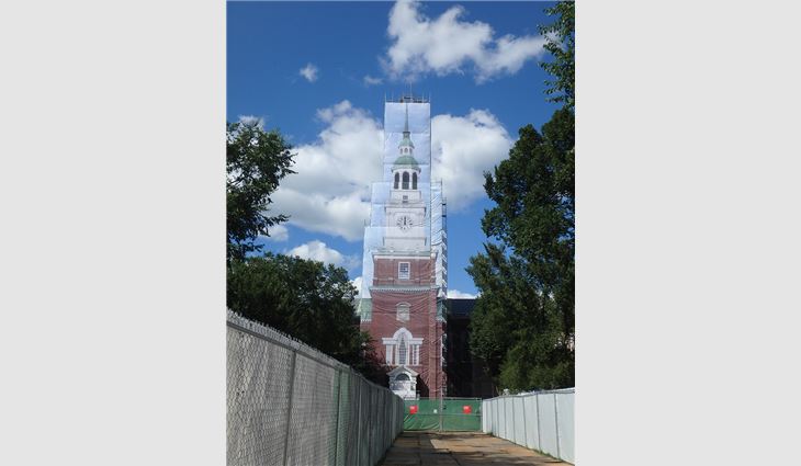 Scaffolding was enshrouded with a scrim to look like the tower to minimize visual disturbance during the tower’s renovation.
