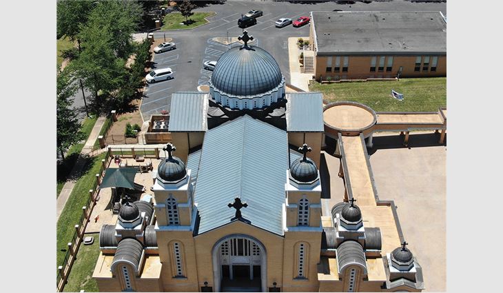 An aerial view of the completed roofing work