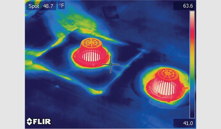 Infrared testing was performed to diagnose persistent leaks in a new roof system to differentiate between latent moisture and new damage.