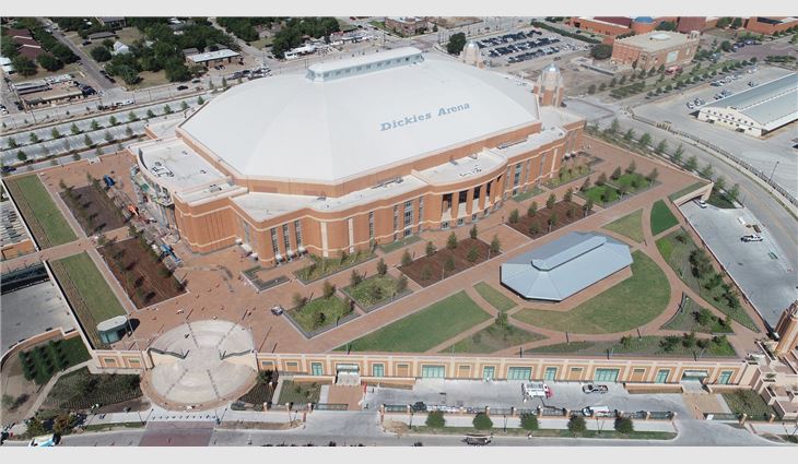 Aerial view of the new arena’s PVC membrane roof system.