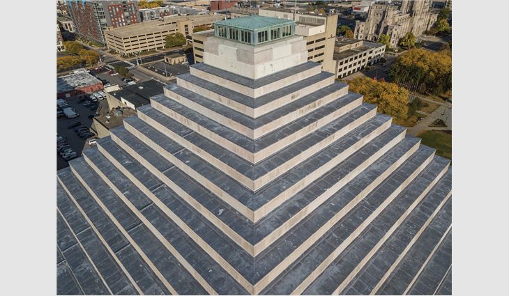 An aerial view of the Indiana War Memorial’s newly completed ziggurat