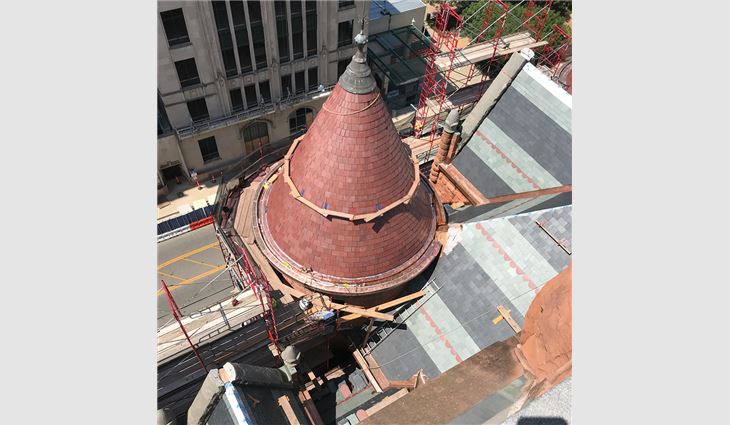 An aerial view of the museum’s roof system under construction.