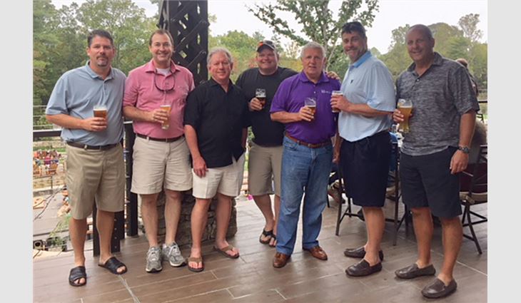 From left to right: Nick Sabino, president of Deer Park Roofing, Cincinnati; Thomas; Jim Barr, president of Barr Roofing Co., Abilene, Texas; J.J. Smithey, president of Frost Roofing Inc., Wapakoneta, Ohio; Dennis Conway, former owner of Commercial Roofers Inc., Las Vegas; Dave Hesse, vice president of Kalkreuth Roofing and Sheet Metal Inc., Frederick, Md.; and David Tilsen, president of Tilsen Roofing Co. Inc., Madison, Wis. 